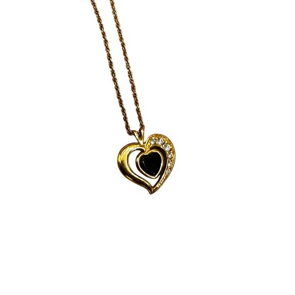 Vintage Avon Gold Black CZ Heart Necklace Valentine Love Jewelry - Picture 2 of 6